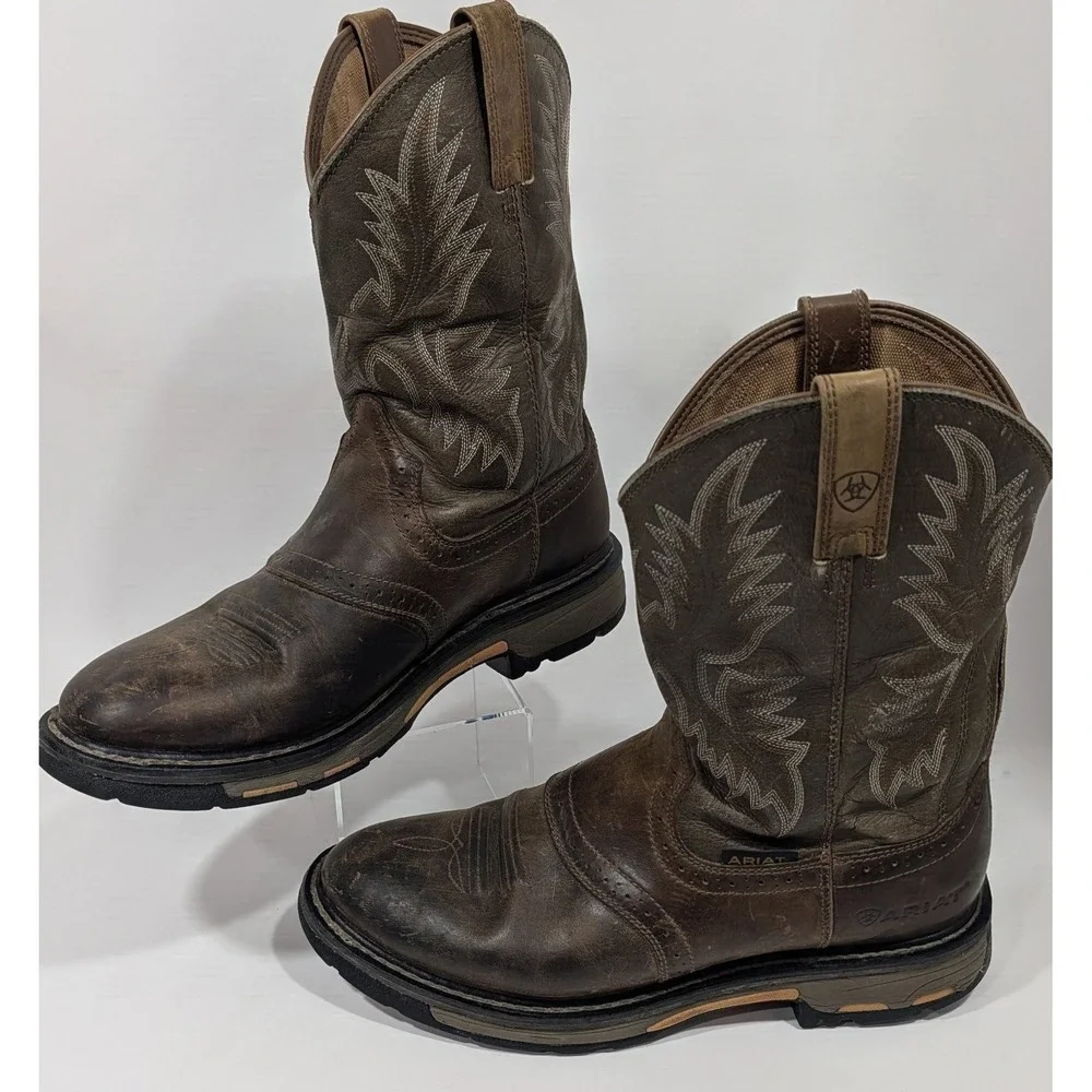 Ariat Men's WorkHog Pull-On soft toe Boots 11D Aged Bark Brown Leather 10001188